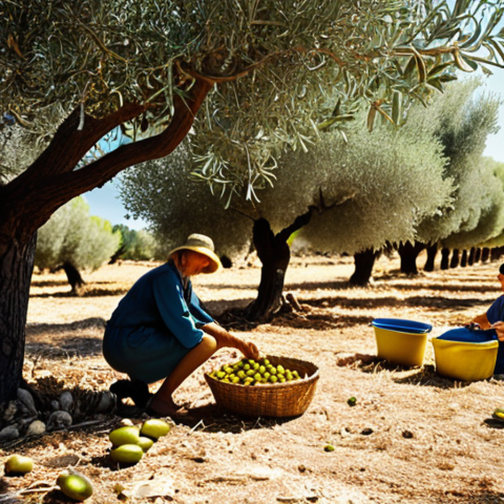 A vibrant, sun-drenched image of a Mediterranean family harvesting olives in a grove. Focus on the traditional methods, the connection to the land, and the joy of preparing extra virgin olive oil. Include elements of the landscape to showcase the biodiversity.  The style should be realistic, conveying a sense of warmth and nostalgia, reminiscent of a vintage Italian postcard.