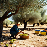 A vibrant, sun-drenched image of a Mediterranean family harvesting olives in a grove. Focus on the traditional methods, the connection to the land, and the joy of preparing extra virgin olive oil. Include elements of the landscape to showcase the biodiversity.  The style should be realistic, conveying a sense of warmth and nostalgia, reminiscent of a vintage Italian postcard.