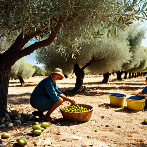 A vibrant, sun-drenched image of a Mediterranean family harvesting olives in a grove. Focus on the traditional methods, the connection to the land, and the joy of preparing extra virgin olive oil. Include elements of the landscape to showcase the biodiversity.  The style should be realistic, conveying a sense of warmth and nostalgia, reminiscent of a vintage Italian postcard.