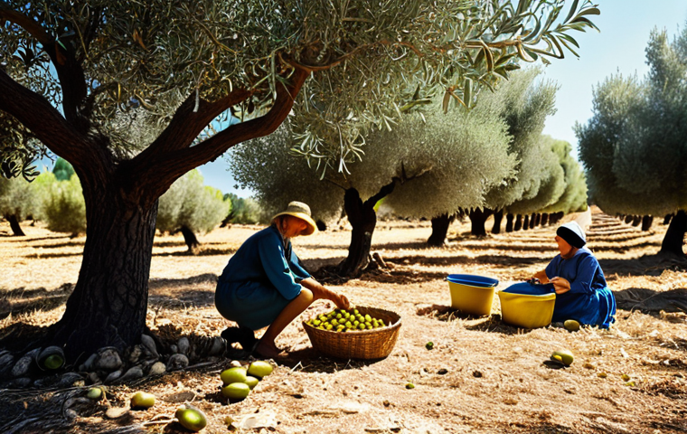A vibrant, sun-drenched image of a Mediterranean family harvesting olives in a grove. Focus on the traditional methods, the connection to the land, and the joy of preparing extra virgin olive oil. Include elements of the landscape to showcase the biodiversity.  The style should be realistic, conveying a sense of warmth and nostalgia, reminiscent of a vintage Italian postcard.