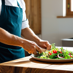 A professional chef, fully clothed in a modest kitchen uniform, meticulously drizzling high-quality organic extra virgin olive oil onto a fresh Italian salad. The scene is set in a sunlit, clean, modern Italian kitchen with rustic elements, featuring sustainable and local ingredients on a wooden countertop. The focus is on the mindful preparation and the beautiful act of cooking. perfect anatomy, correct proportions, natural pose, well-formed hands, proper finger count, natural body proportions, professional photography, high resolution, soft lighting, professional, safe for work, appropriate content, fully clothed.
