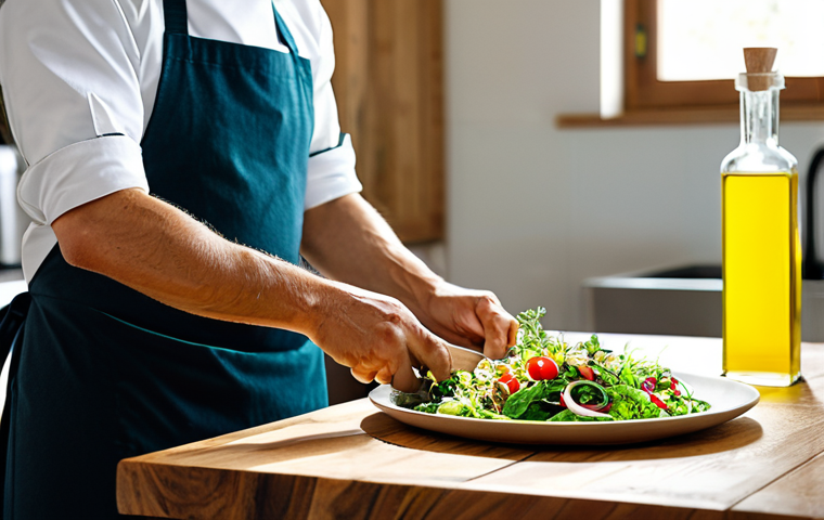 A professional chef, fully clothed in a modest kitchen uniform, meticulously drizzling high-quality organic extra virgin olive oil onto a fresh Italian salad. The scene is set in a sunlit, clean, modern Italian kitchen with rustic elements, featuring sustainable and local ingredients on a wooden countertop. The focus is on the mindful preparation and the beautiful act of cooking. perfect anatomy, correct proportions, natural pose, well-formed hands, proper finger count, natural body proportions, professional photography, high resolution, soft lighting, professional, safe for work, appropriate content, fully clothed.