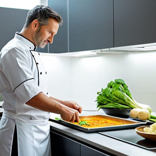 Home 18 A professional chef, fully clothed in a modest chef's uniform, standing in a brightly lit, modern kitchen. The chef is thoughtfully preparing a meal using fresh, local vegetables and utilizing vegetable scraps for a broth, demonstrating zero-waste cooking. A smart induction cooktop is visible, and the scene emphasizes efficiency and sustainability. The chef has perfect anatomy, correct proportions, and a natural pose with well-formed hands. professional dress, appropriate attire, family-friendly, safe for work, appropriate content, professional photography, high quality.