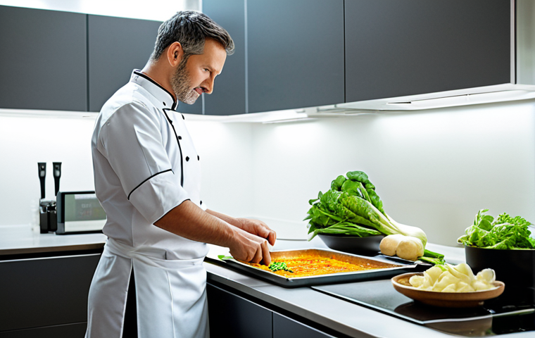 A professional chef, fully clothed in a modest chef's uniform, standing in a brightly lit, modern kitchen. The chef is thoughtfully preparing a meal using fresh, local vegetables and utilizing vegetable scraps for a broth, demonstrating zero-waste cooking. A smart induction cooktop is visible, and the scene emphasizes efficiency and sustainability. The chef has perfect anatomy, correct proportions, and a natural pose with well-formed hands. professional dress, appropriate attire, family-friendly, safe for work, appropriate content, professional photography, high quality.