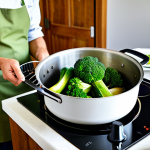 A skilled home chef in a modest kitchen apron over a clean, professional shirt, meticulously steaming vibrant, seasonal vegetables in a modern steamer pot. In the background, a large pot gently simmers on a low heat burner, suggesting a slow-cooked dish. Fresh, locally sourced produce like broccoli, carrots, and zucchini are neatly arranged on a warm wooden countertop. The setting is a brightly lit, well-organized modern Italian kitchen with natural light. fully clothed, modest clothing, appropriate attire, professional dress, safe for work, appropriate content, perfect anatomy, correct proportions, natural pose, well-formed hands, proper finger count, natural body proportions, professional photography, high quality, family-friendly.