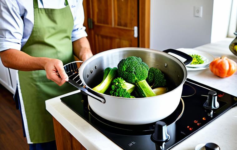 A skilled home chef in a modest kitchen apron over a clean, professional shirt, meticulously steaming vibrant, seasonal vegetables in a modern steamer pot. In the background, a large pot gently simmers on a low heat burner, suggesting a slow-cooked dish. Fresh, locally sourced produce like broccoli, carrots, and zucchini are neatly arranged on a warm wooden countertop. The setting is a brightly lit, well-organized modern Italian kitchen with natural light. fully clothed, modest clothing, appropriate attire, professional dress, safe for work, appropriate content, perfect anatomy, correct proportions, natural pose, well-formed hands, proper finger count, natural body proportions, professional photography, high quality, family-friendly.