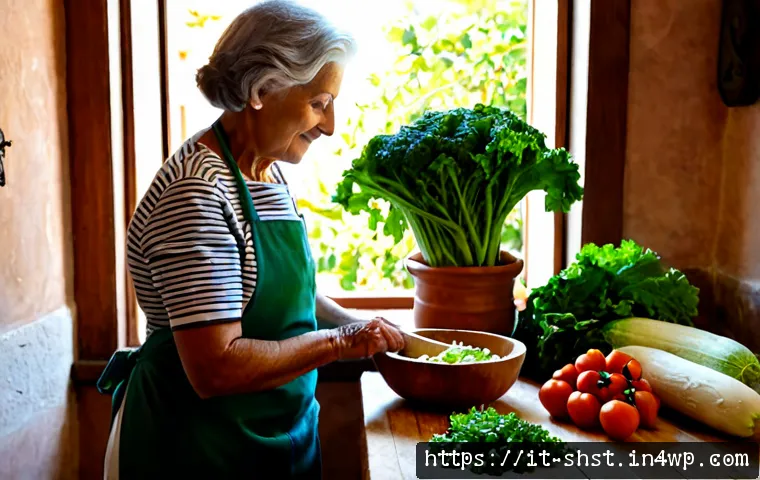 Home 12 유기농 채소를 활용한 조리법 - Photorealistic Italian home kitchen scene, elderly woman in a linen apron preparing a colorful organ...