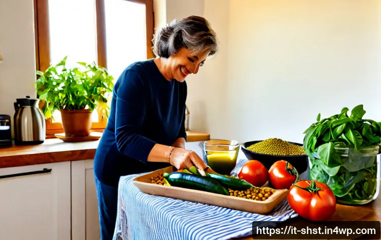 Home 14 식물 기반 조리법의 환경적 이점 - Photorealistic Italian home kitchen, a cheerful middle-aged woman preparing a colorful plant-based m...