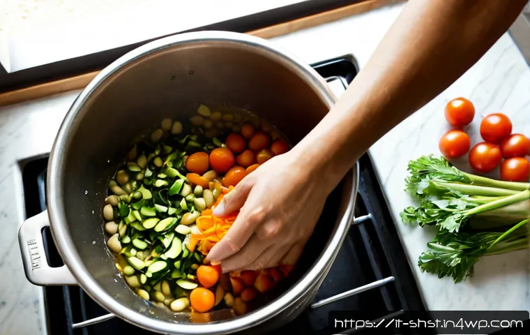 Home 15 유기농 재료를 활용한 조리 방법 - Photorealistic Italian home kitchen, close-up of hands preparing a rustic organic vegetable minestro...